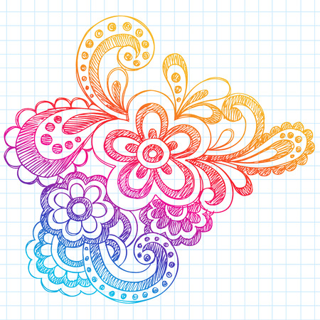 Hand-Drawn Sketchy Abstract Paisley Henna (Mehndi) Style Notebook Doodle on Lined Notebook Paper Background Illustrationのイラスト素材