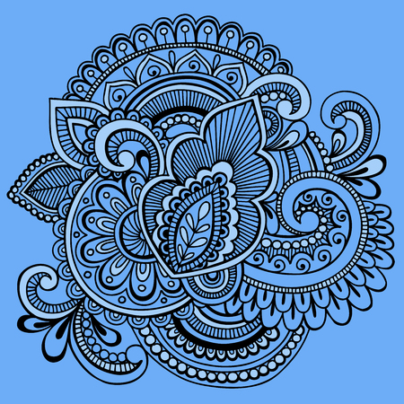 Hand-Drawn Intricate Henna Tattoo Paisley Abstract Doodle Illustration on Blue Backgroundのイラスト素材