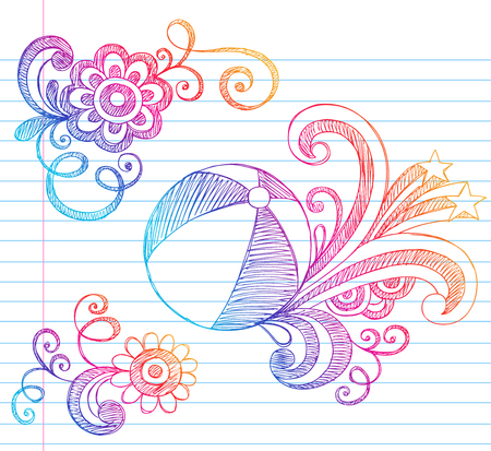 Hand-Drawn Beach Ball Summer Vacation Notebook Doodles Illustration on Lined Sketchbook Paper Backgroundのイラスト素材