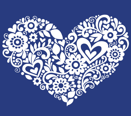 Hand-Drawn Flowers, Leaves, and Swirls in the Shape of a Heart - Illustration on Blue Backgroundのイラスト素材