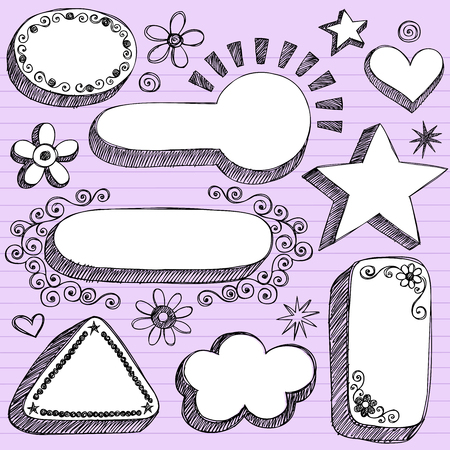 Hand-Drawn Sketchy 3-D Shaped Frames Notebook Doodles on Purple Lined Paper Background - Illustrationのイラスト素材