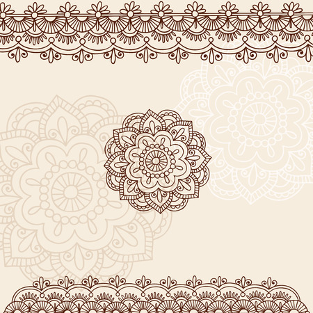 Hand-Drawn Henna Mehndi Tattoo Flowers and Paisley Border Doodle Illustration Design Elementsのイラスト素材