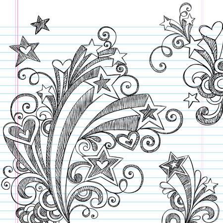 Back to School Starbursts, Swirls, Hearts, and Stars Sketchy Notebook Doodles Vector Illustration Design Elements on Lined Sketchbook Paper Backgroundのイラスト素材