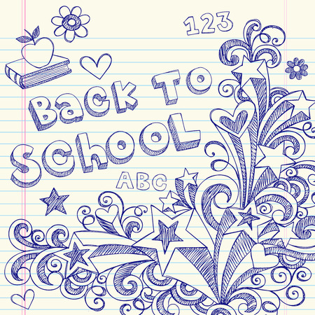 Hand-Drawn Back to School Sketchy Notebook Doodles with Lettering, Books, Shooting Stars, Hearts, and Swirls- Illustration Design Elements on Lined Sketchbook Paper Backgroundのイラスト素材