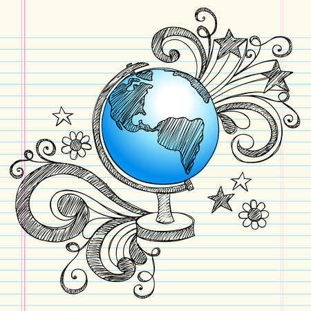 Hand-Drawn Back to School Geography Class Sketchy Notebook Doodles of a Planet Earth Globe with Swirls, Hearts, and Stars- Illustration Design Elements on Lined Sketchbook Paper Backgroundのイラスト素材