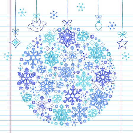 Hand-Drawn Christmas Holiday Snowflake Ornament- Sketchy Notebook Doodle Illustration Design Elements on Lined Sketchbook Paper Background のイラスト素材