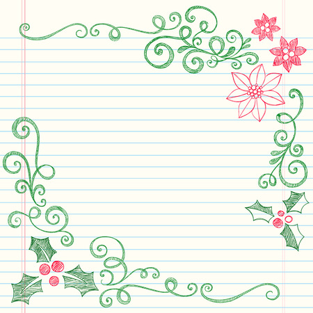 Hand-Drawn Christmas Holly Leaves Sketchy Notebook Doodles Border with Poinsettias and Swirls- Illustration Design Elements on Lined Sketchbook Paper Background のイラスト素材
