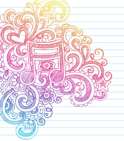Music Note Sketchy Back to School Doodles with Swirls, Hearts, and Stars Notebook Doodle Vector Illustration Design Elements on Lined Sketchbook Paper Backgroundのイラスト素材