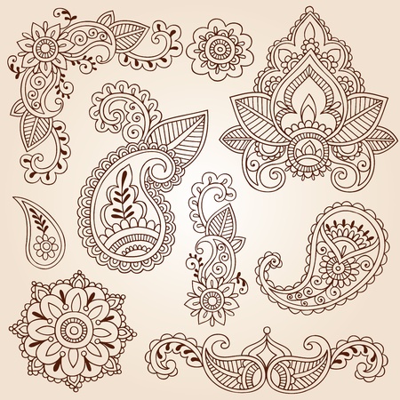 Henna Mehndi Doodles Abstract Floral Paisley Design Elements, Mandala, and Page Corner Design Vector Illustrationのイラスト素材