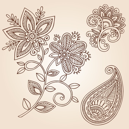 Henna Mehndi Flower Doodles Abstract Floral Paisley Design Elements Illustrationのイラスト素材