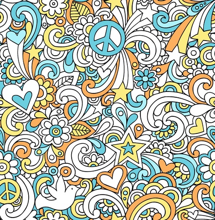 Seamless Pattern Psychedelic Groovy Peace Notebook Doodle Design- Hand-Drawn Vector Illustration Backgroundのイラスト素材