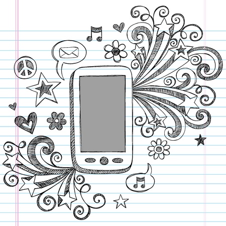 Cell Phone Mobile PDA Sketchy Hand-Drawn Notebook Doodles with Shooting Stars, Email Icon, Music, and Speech Bubbles-Illustration Design Elements on Lined Sketchbook Paper Backgroundのイラスト素材