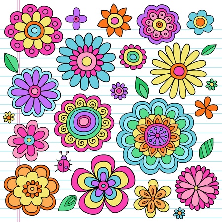 Flower Power Flowers and Ladybug Groovy Psychedelic Hand Drawn Notebook Doodle Design Elements Set on Lined Sketchbook Paper Backgroundのイラスト素材