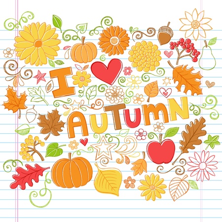 I Love Autumn Back to School Style Sketchy Notebook Doodles with Pumpkins, Leaves, and Autumn Flowers- Hand-Drawn  Illustration Design Elements on Lined Sketchbook Paper Background のイラスト素材