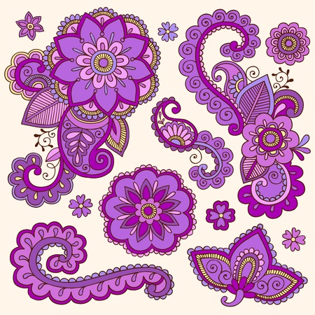 Henna Flowers and Paisley Mehndi Tattoo Doodle Setのイラスト素材