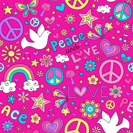 Seamless Pattern Doves Groovy Peace Notebook Doodle Design- Hand-Drawn Vector Illustration Backgroundのイラスト素材