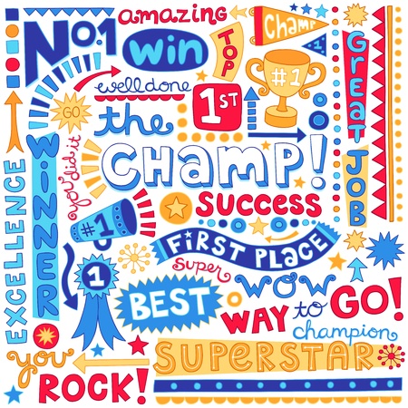 The Champ Word Doodles- Sports Trophy Winner Notebook Doodles-  Illustration Hand-Drawn Lettering Design Elements Setのイラスト素材