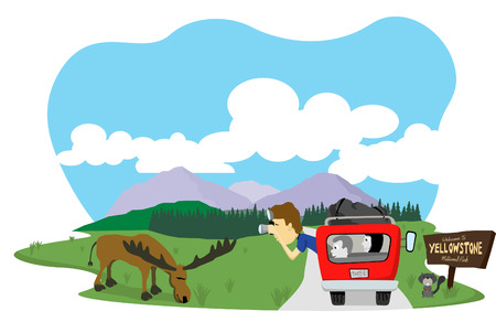 Vector illustration of a man taking a picture of a moose at Yellowstone National Park.のイラスト素材