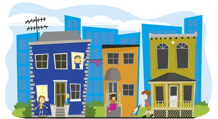 Vector illustration of a neighborhood with a city scape behind.のイラスト素材