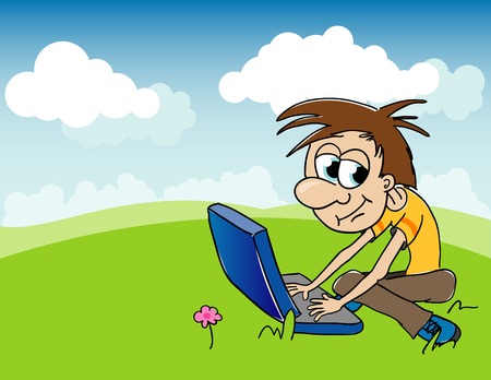 Illustration of a boy playing on his computer while sitting outside.のイラスト素材