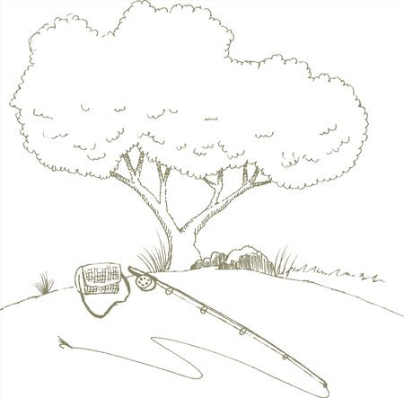 Pen and ink style illustration of a fly rod sitting next to a tree.のイラスト素材