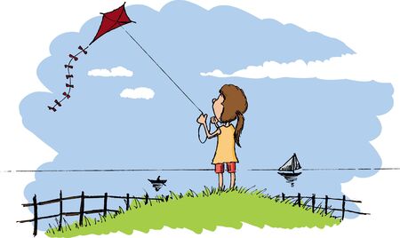 Pen and ink style illustration of a girl flying a kite.のイラスト素材