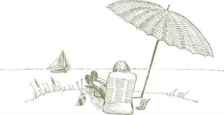 Pen and ink style illustration of a man relaxing by the beach.のイラスト素材