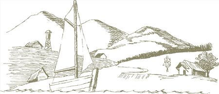 Pen and ink style illustration of a sailboat.のイラスト素材