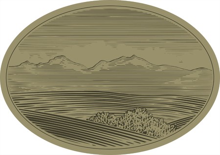 Woodcut style illustration of a mountain landscape scene.のイラスト素材