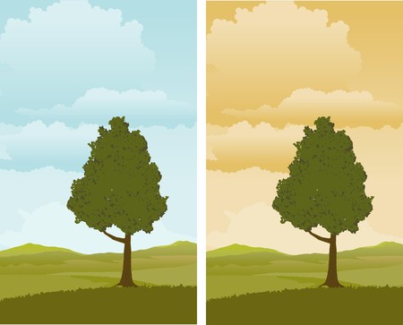 A pair of illustrations of a Spring landscape with a tree in the foreground.のイラスト素材