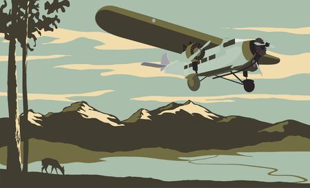 Vintage looking illustration of an airliner flying over the mountains.のイラスト素材