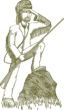 Woodcut style illustration of a mountain man explorer.のイラスト素材