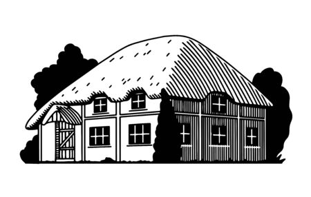 Illustration of straw roof English cottage isolated on white.のイラスト素材