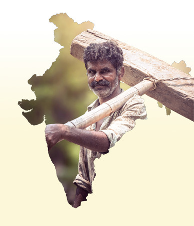 Map of India shows Indian farmer portrait holding plow on white gradient background, Indian agriculture, Kisan diwas conceptの写真素材