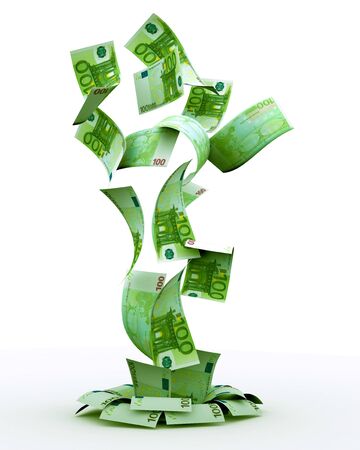 Flying Euro both from front and back like real Banknote, isolated on white background. High resolution, sharp 3D renderingの写真素材