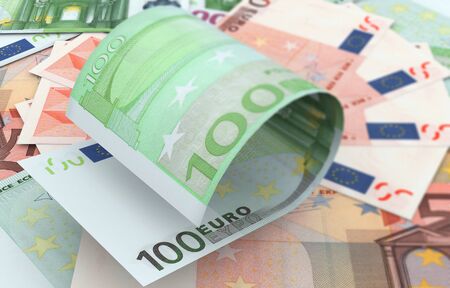 Hundred Euro bills on top of money pile. High resolution, sharp 3D rendering.の写真素材