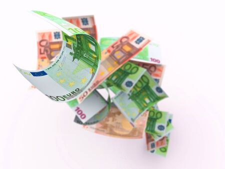 Hundred Euro bills on top of money pile. Shallow depth of field. High resolution, sharp 3D rendering.の写真素材