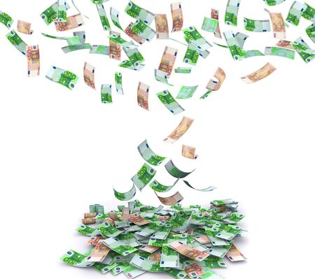 Falling 100 and 50 Euros both from front and back like real one on white background. High resolution, sharp 3D rendering.の写真素材
