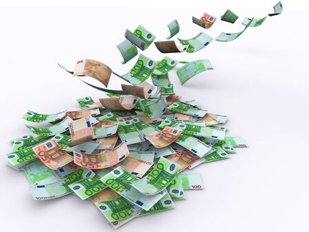 Falling 100 Euros both from front and back like real on white background. High resolution, sharp 3D renderingの写真素材