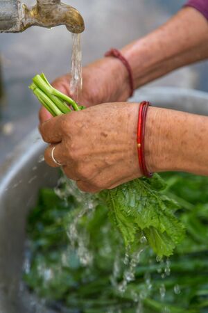 Women washing vegetable under tap water outside.の写真素材