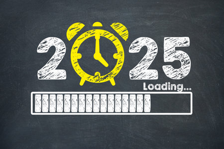 A festive depiction of the New Year 2025 countdown featuring cheerful typography, an alarm clock icon, and a loading bar symbolizing anticipation and celebration.の写真素材