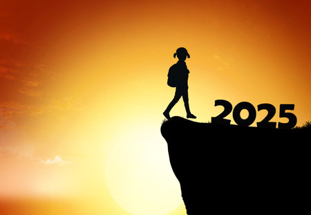 A child's silhouette, beaming with happiness while holding a bag, marks the celebration.の写真素材