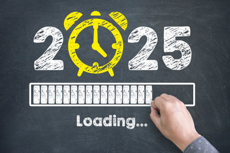 A festive depiction of the New Year 2025 countdown featuring cheerful typography, an alarm clock icon, and a loading bar symbolizing anticipation and celebration.の写真素材