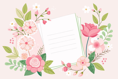 Flower bouquet with paper note and flowers. Vector illustration.のイラスト素材