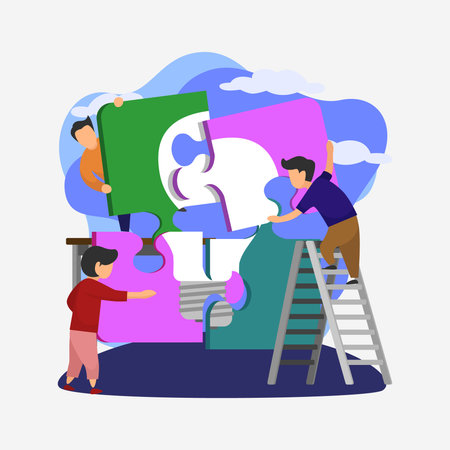 People connecting puzzle elements. Vector illustration flat design style. Symbol of teamwork, cooperation, partnership. Business concept.のイラスト素材