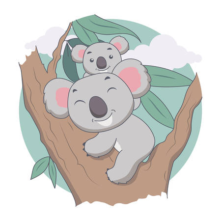 Koala and Mother in Tree. Animal, tree and Leave Vector Illustrationのイラスト素材
