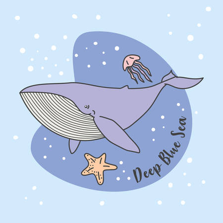 Blue Whale. Jelly Fish in Blue Sea vector illustrationのイラスト素材
