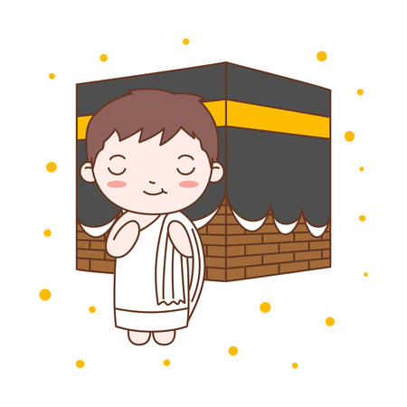 Cute Boy Praying in Kaaba. Muslim Kid Vector Illustrationのイラスト素材