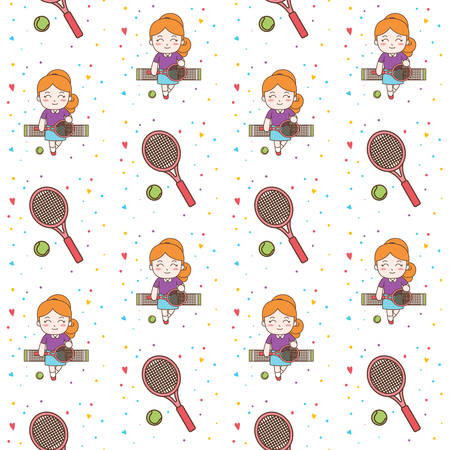 Cute Girl Playing Tennis seamless pattern illustration. Ready for printのイラスト素材