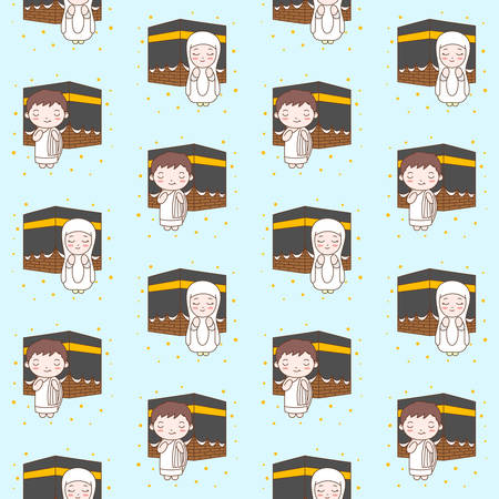 Cute Boy Praying in Kaaba. Muslim Kid seamless pattern Vector Illustrationのイラスト素材